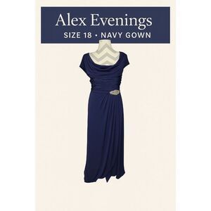 Alex Evenings Navy Blue Cowl Neck Ruched Gown w/ Beaded Detail Sz 18 Formal